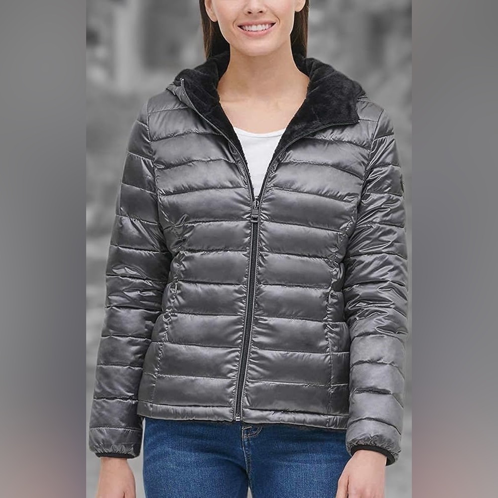 Andrew Marc Ultra Soft Grey Outer Shell Black Faux Fur Hooded Jacket Size M